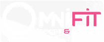 Logo OmniFit Sports stylisé blanc et rose sur fond grunge noir. 'OMNIFiT' en blanc avec 'FiT' en rose, 'Sports' en blanc.