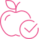 Icône d'une pomme rose stylisée avec une feuille et un cercle de vérification contenant un coche. Symbolise la santé et la qualité approuvée.